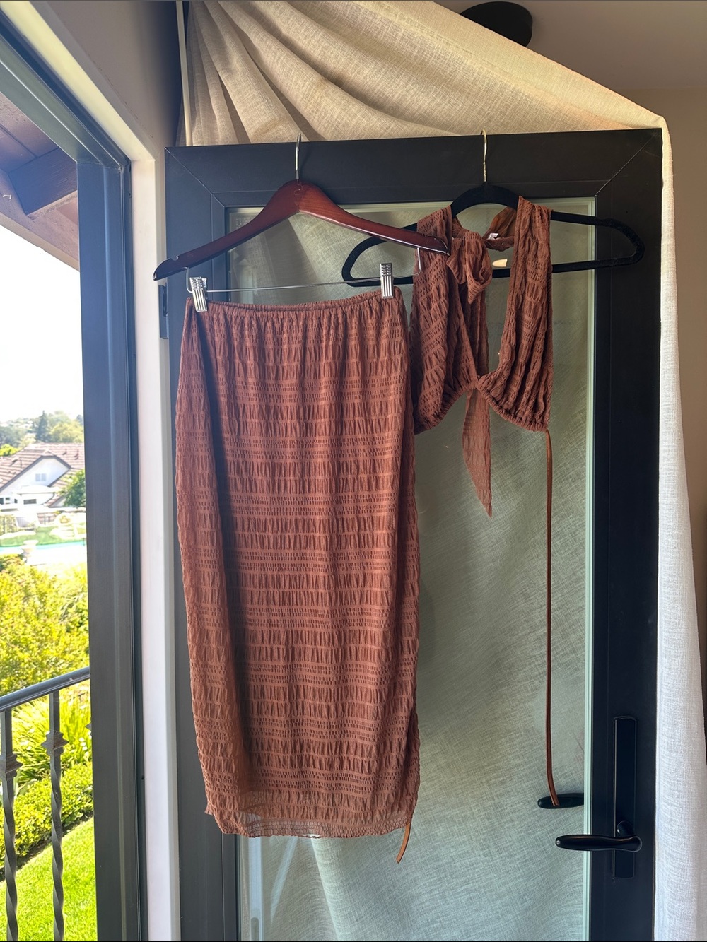 Brown Textured Midi Skirt - Women's Pull-On Style
